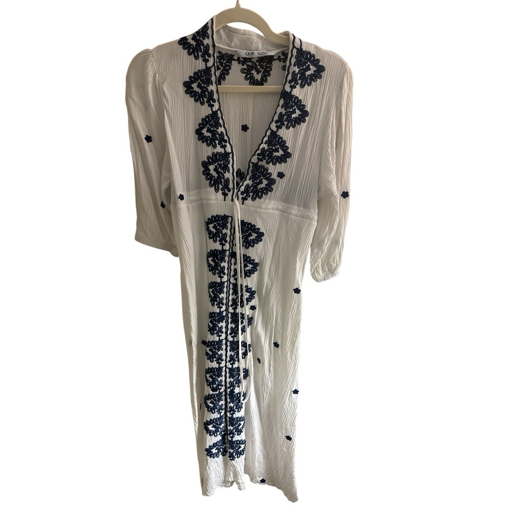 CEM Turkish Women's White Gauze Midi Dress Navy Embroidery Sz Small (Runs Small)